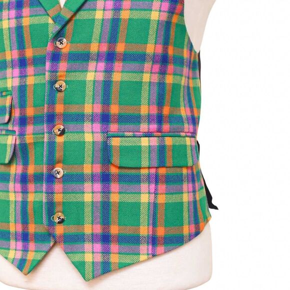 Mens Vest 44R Plaid Green Orange Blue Wool Lapel Waistcoat Formal Wedding Party - Picture 6 of 9